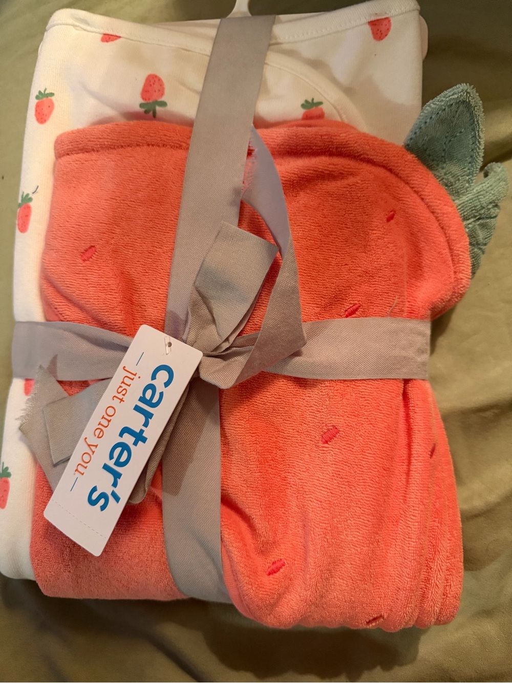 Carter's Coral and White Strawberry Hooded Towel Set